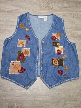 Vintage 90's? Bobbie Brooks Denim Vest Sz Large Fall Leaves Embroidered Patches